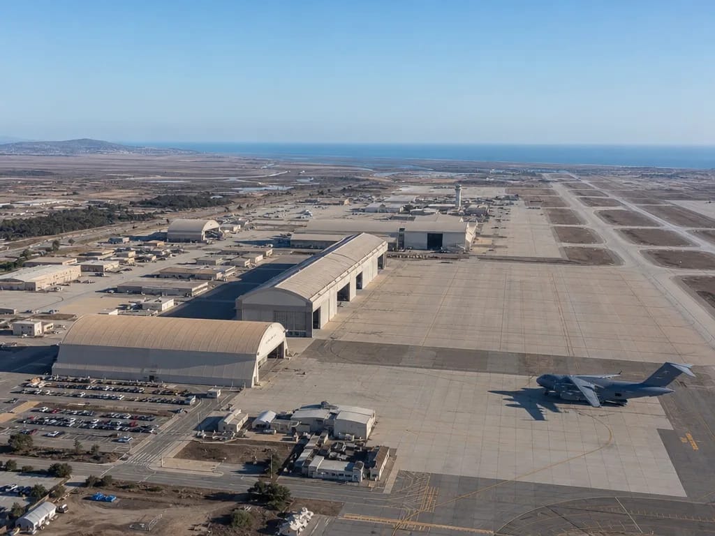 Vue aérienne d’une base aéronautique avec plusieurs hangars