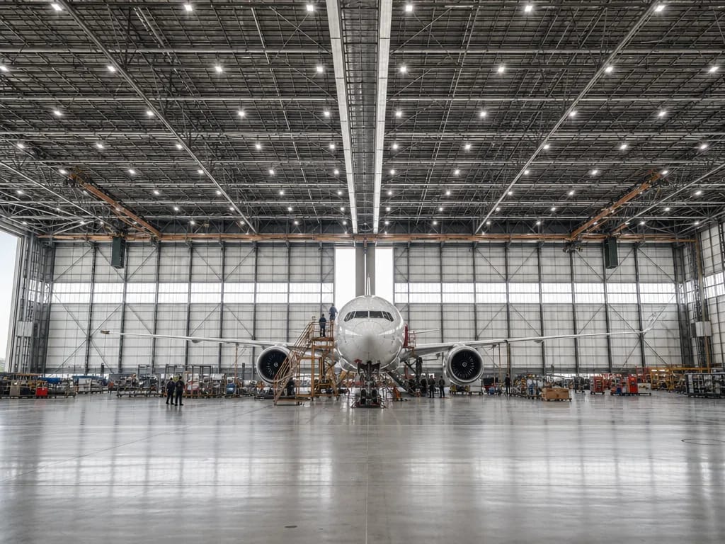 Volume immense d’un hangar de maintenance aéronautique