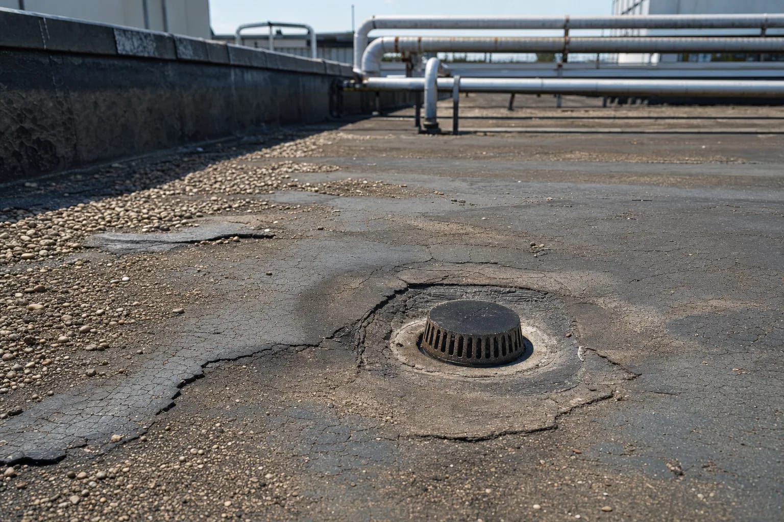 Membrane bitumineuse vieillissante sur la toiture d’une usine agroalimentaire