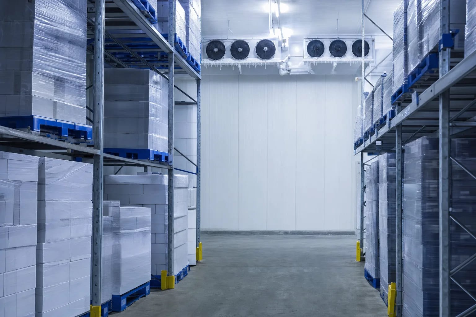 Chambre froide d’un site agroalimentaire avec palettes de produits réfrigérés