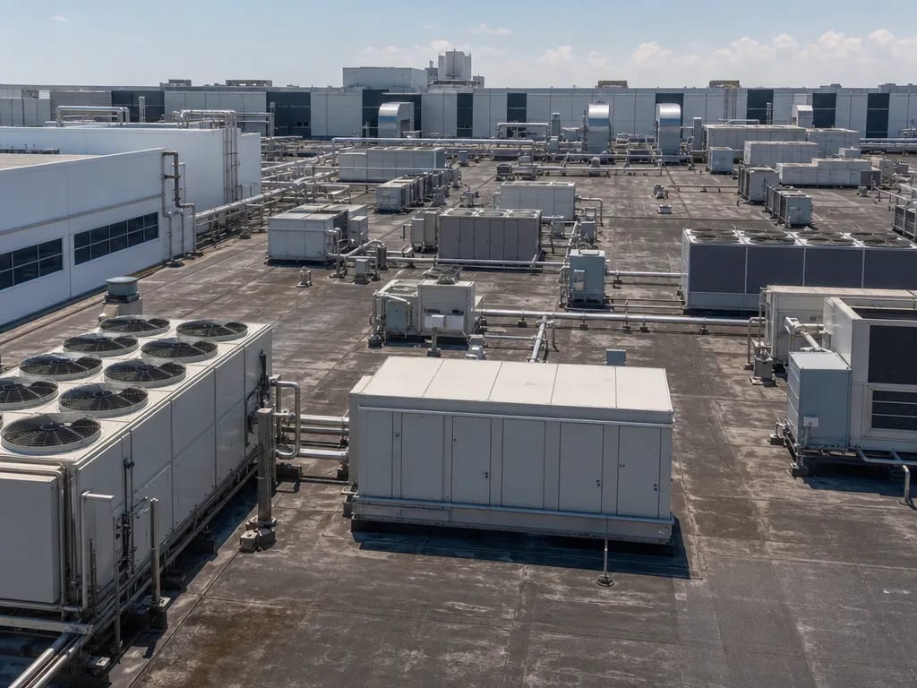 Toiture pharmaceutique couverte d’unités de climatisation au soleil
