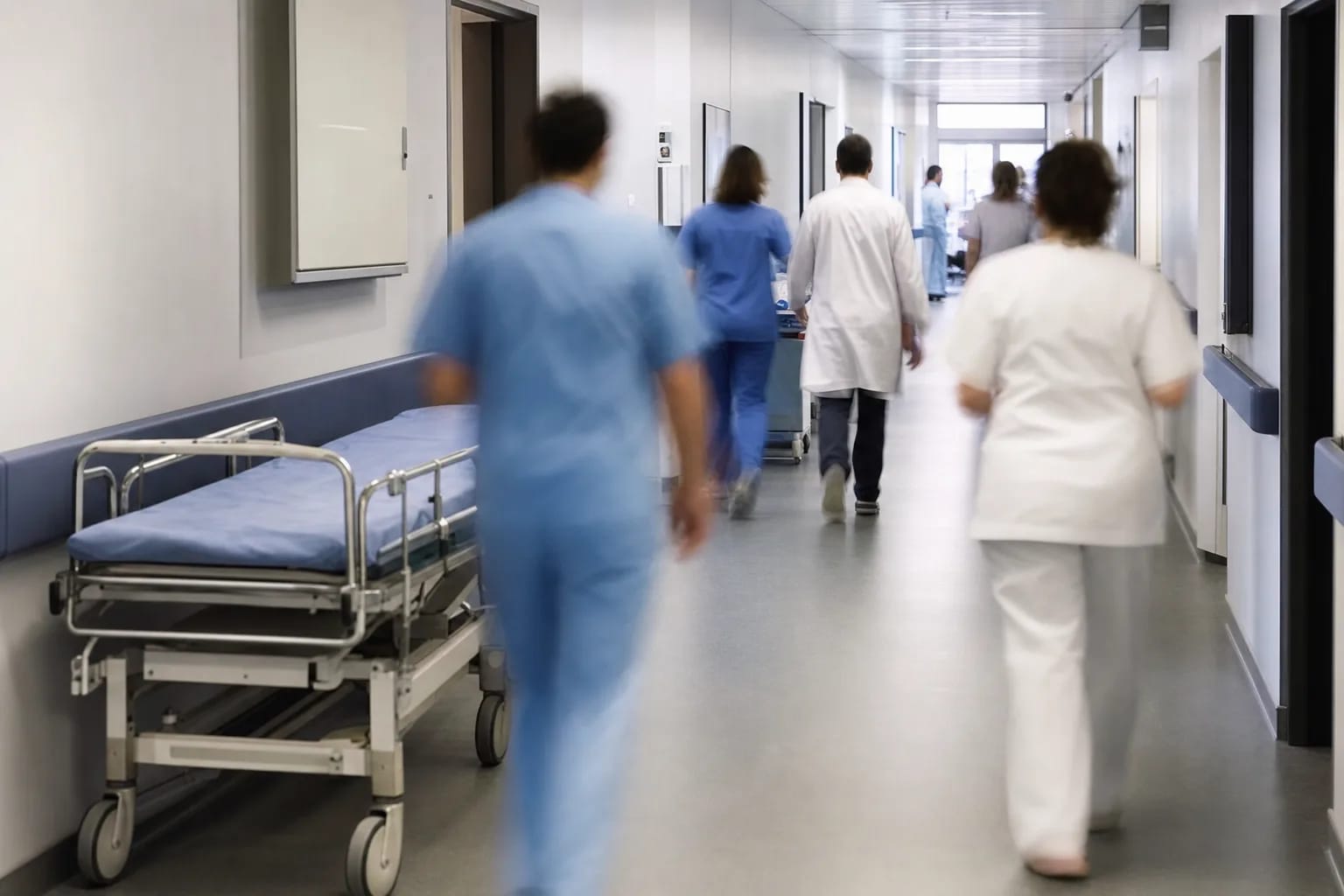 Couloir d’hôpital en activité avec brancard et personnel soignant