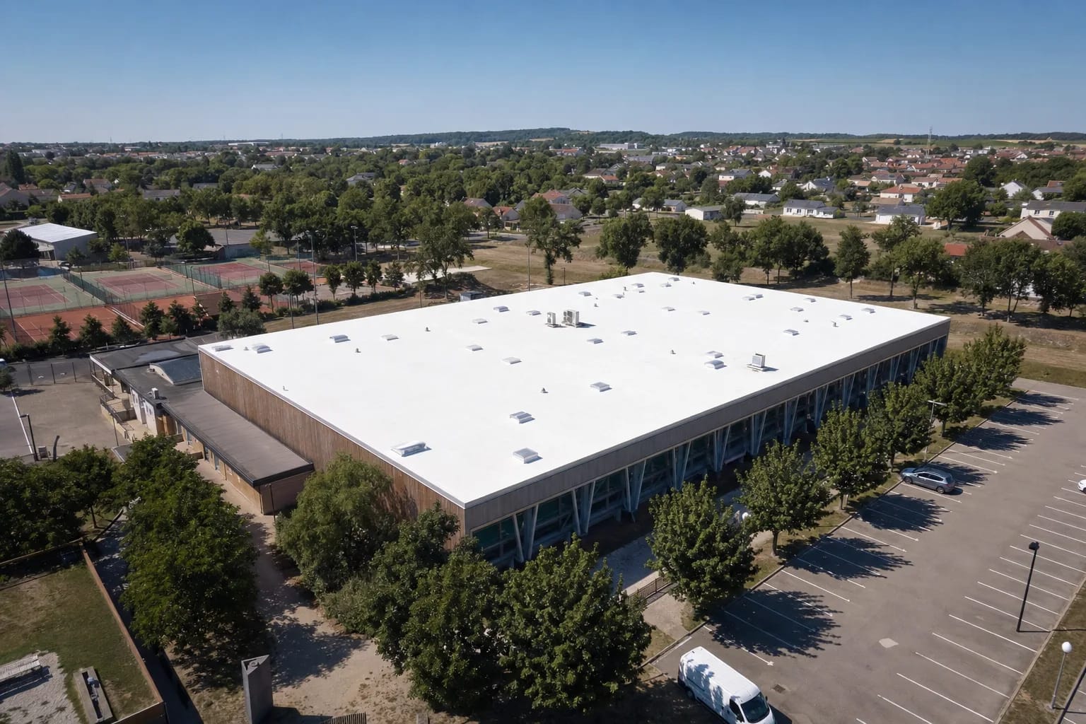 Gymnase communal vu de drone avec une toiture cool roof blanche réfléchissante