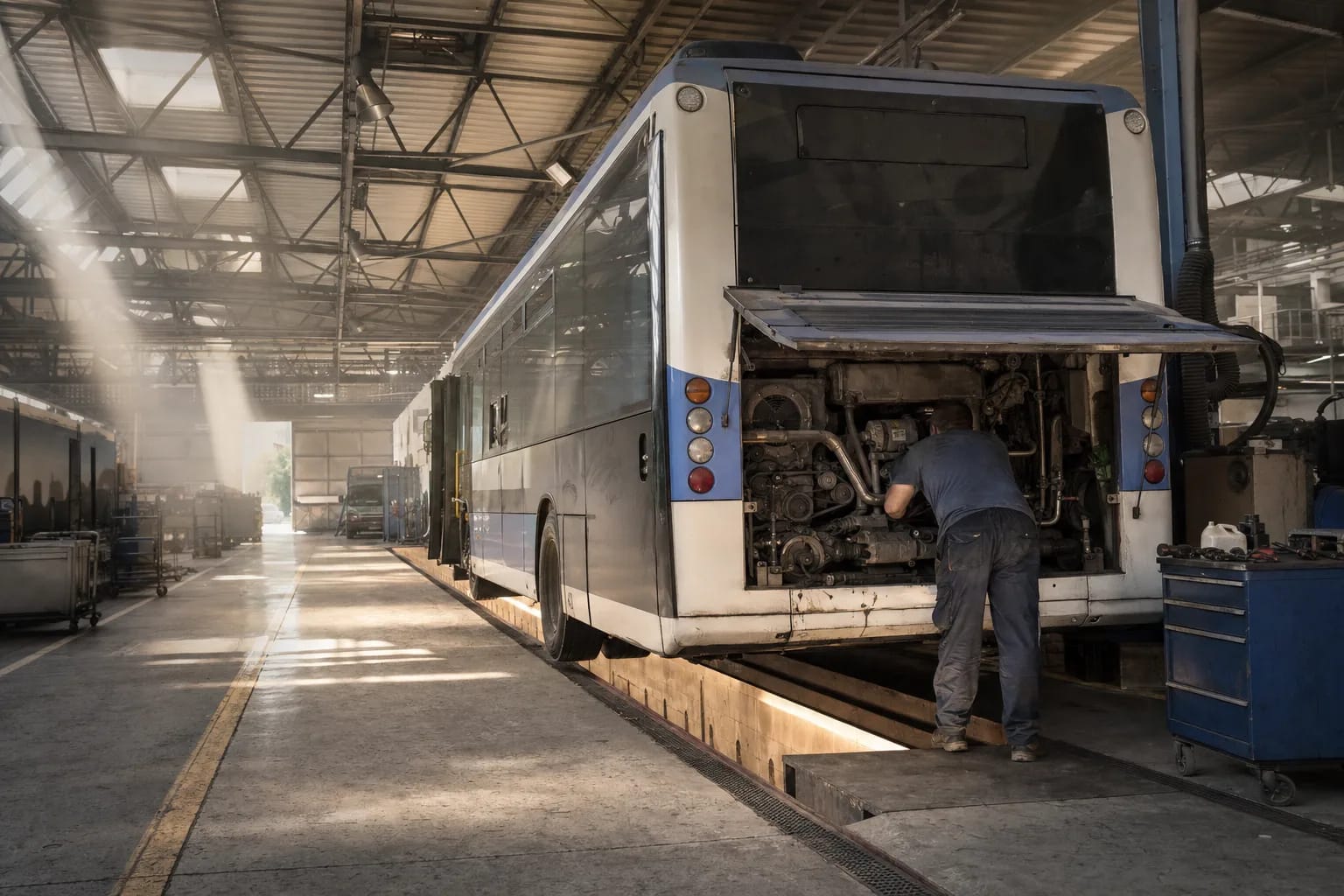 Atelier de maintenance de bus en été, mécanicien au travail sous une toiture métallique