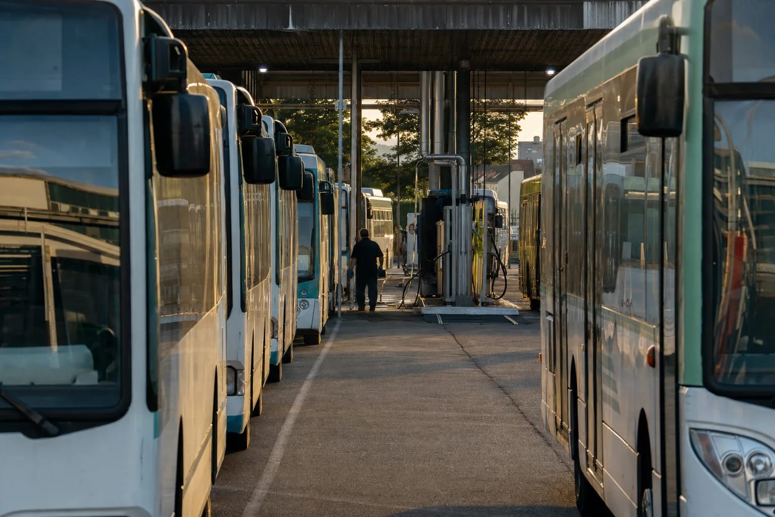 Bus stationnés en ligne dans un centre bus en exploitation