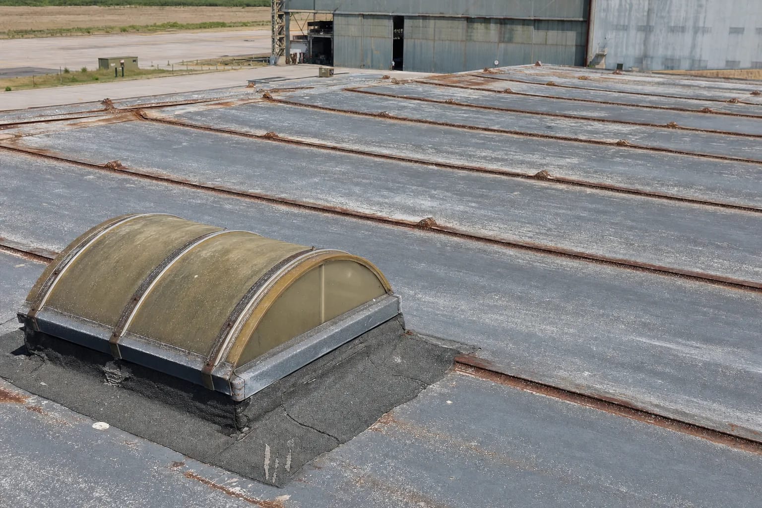 Toiture bac acier corrodée d’un hangar d’exploitation avant traitement
