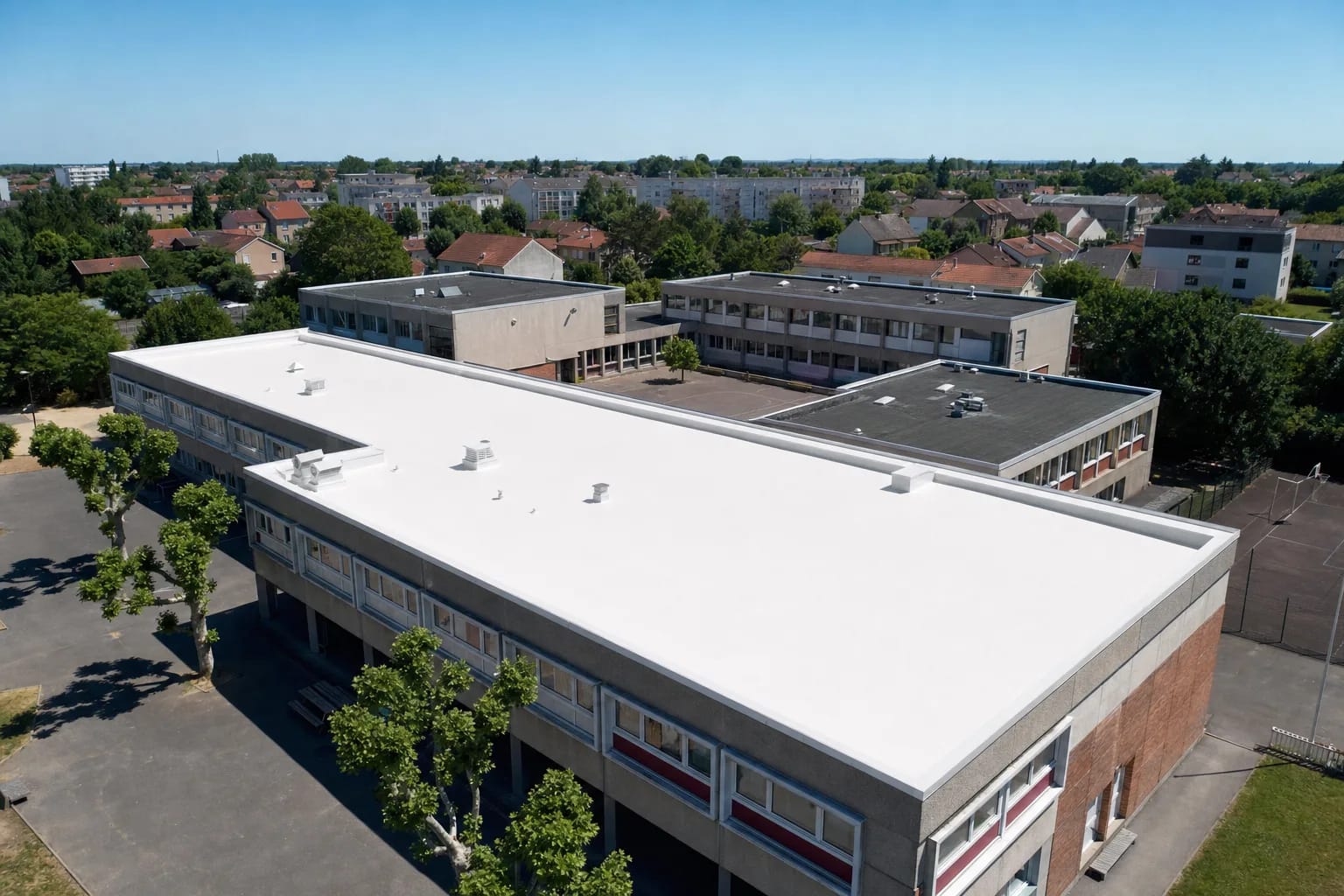 Groupe scolaire avec une toiture cool roof blanche réfléchissante en plein été