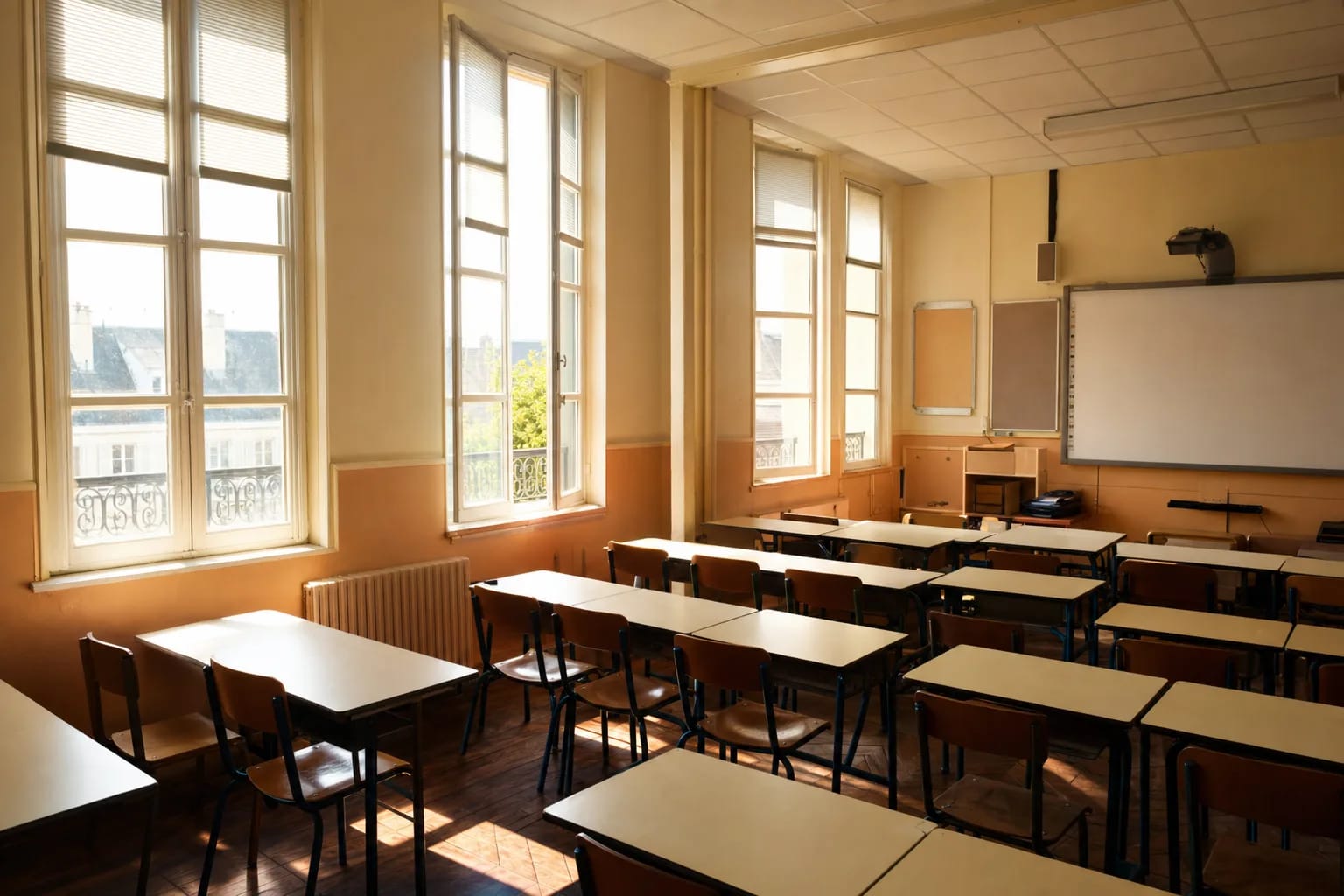 Salle de classe ensoleillée au dernier niveau d’un groupe scolaire